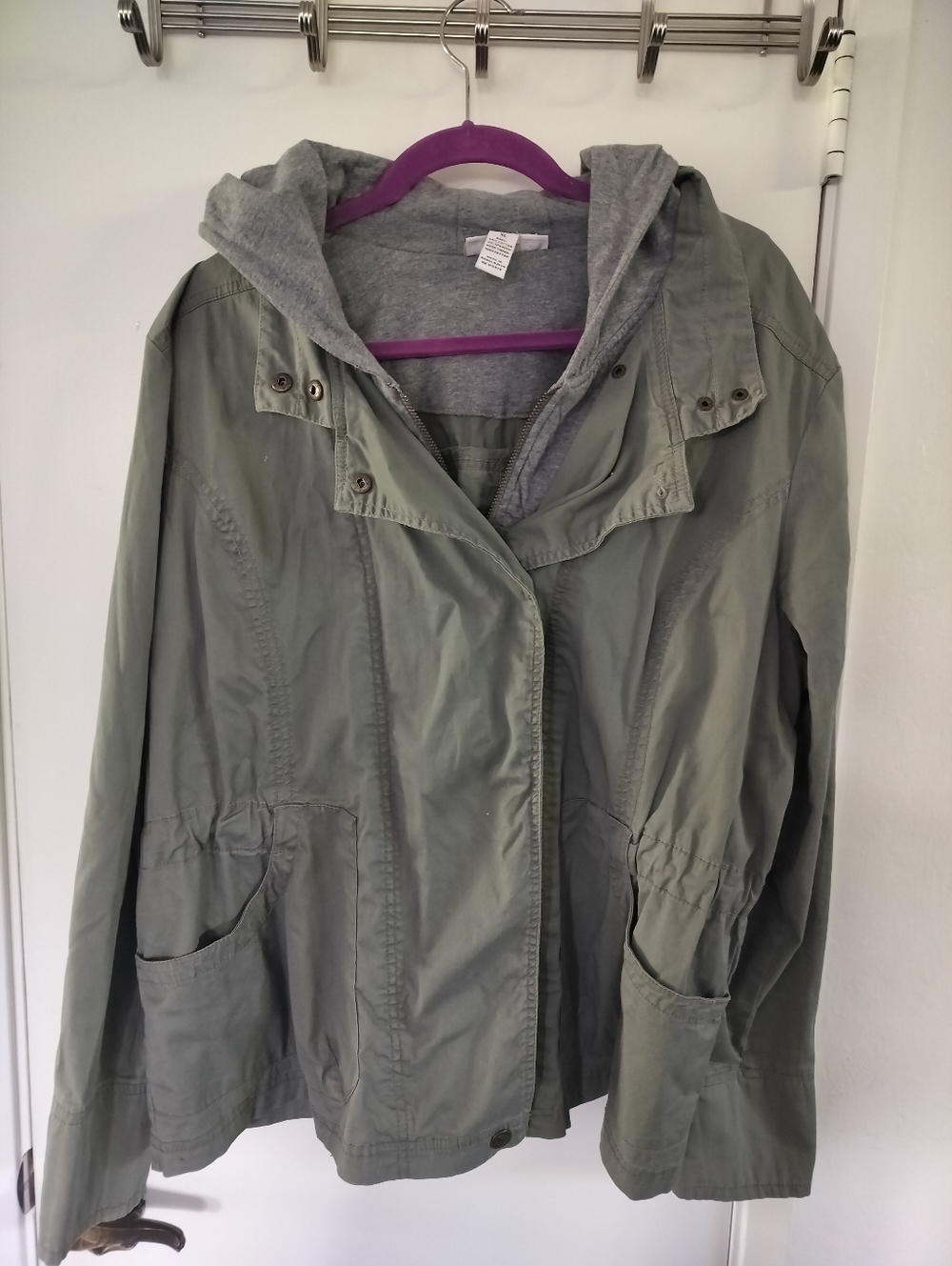 Style & Co Hooded Utility Jacket Olive Green Gray "2-in-1" W/ grey  hoodie XL